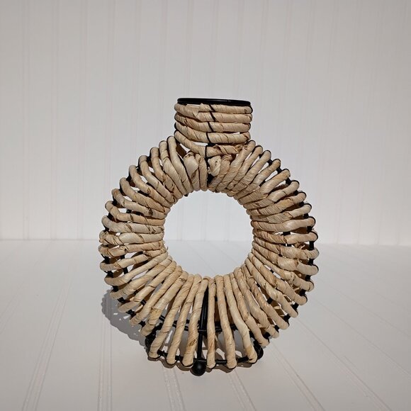 Vintage Wrought Iron Rattan Wrapped Donut Vase Boho Southwestern Candle Holder - Picture 8 of 12